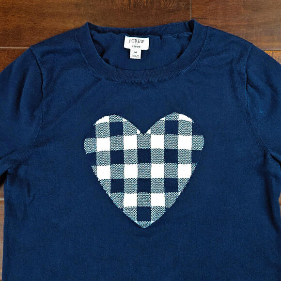 J. Crew Navy and White Checkered Knit Heart Teddie Sweater Women's Medium - Picture 2 of 7